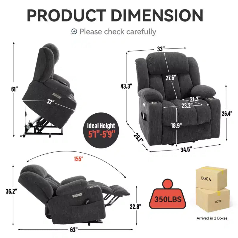 Fauteuil inclinable releveur électrique CLIHOME en chenille, mécanisme robuste avec massage vibratoire 8 points et chauffage lombaire, ports USB et Type-C