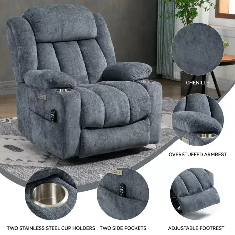 Fauteuil inclinable releveur électrique CLIHOME en chenille, mécanisme robuste avec massage vibratoire 8 points et chauffage lombaire, ports USB et Type-C