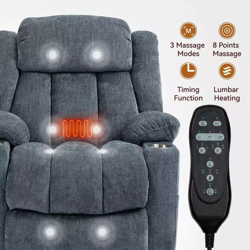 Fauteuil inclinable releveur électrique CLIHOME en chenille, mécanisme robuste avec massage vibratoire 8 points et chauffage lombaire, ports USB et Type-C