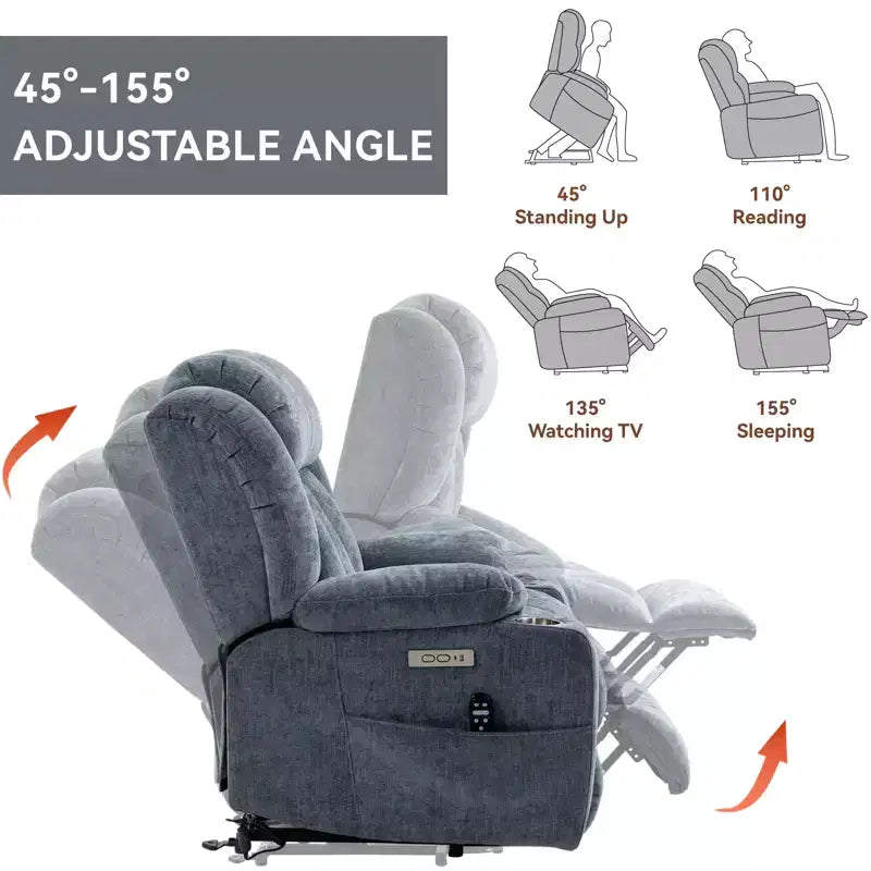Fauteuil inclinable releveur électrique CLIHOME en chenille, mécanisme robuste avec massage vibratoire 8 points et chauffage lombaire, ports USB et Type-C