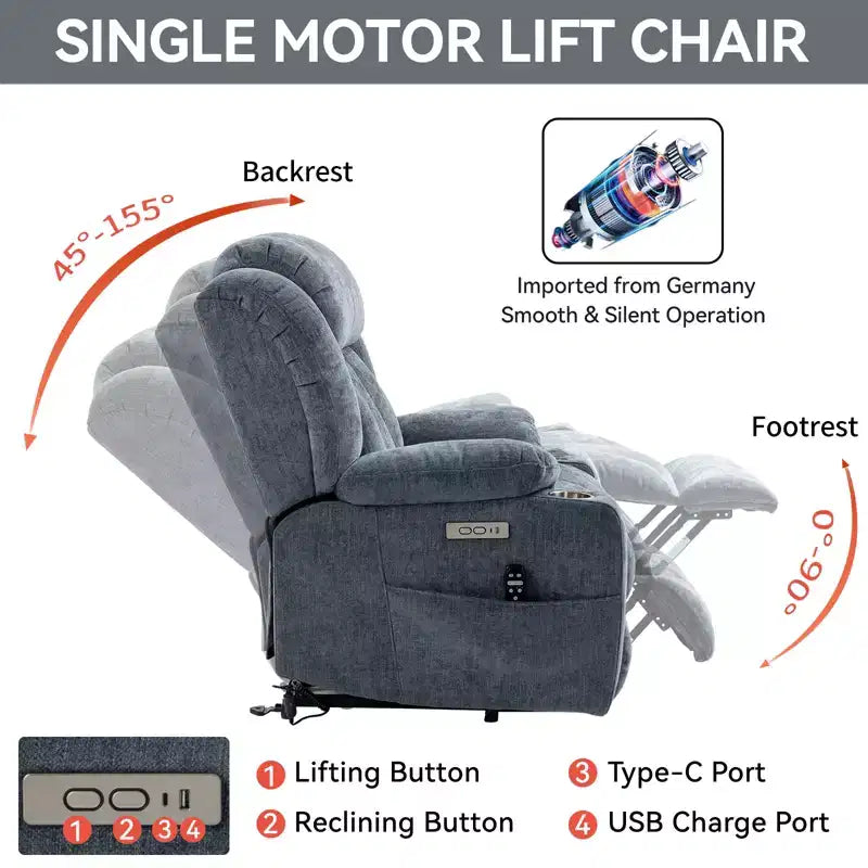 Fauteuil inclinable releveur électrique CLIHOME en chenille, mécanisme robuste avec massage vibratoire 8 points et chauffage lombaire, ports USB et Type-C