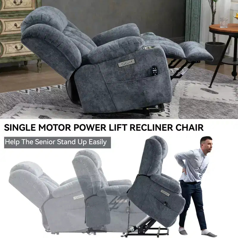 Fauteuil inclinable releveur électrique CLIHOME en chenille, mécanisme robuste avec massage vibratoire 8 points et chauffage lombaire, ports USB et Type-C