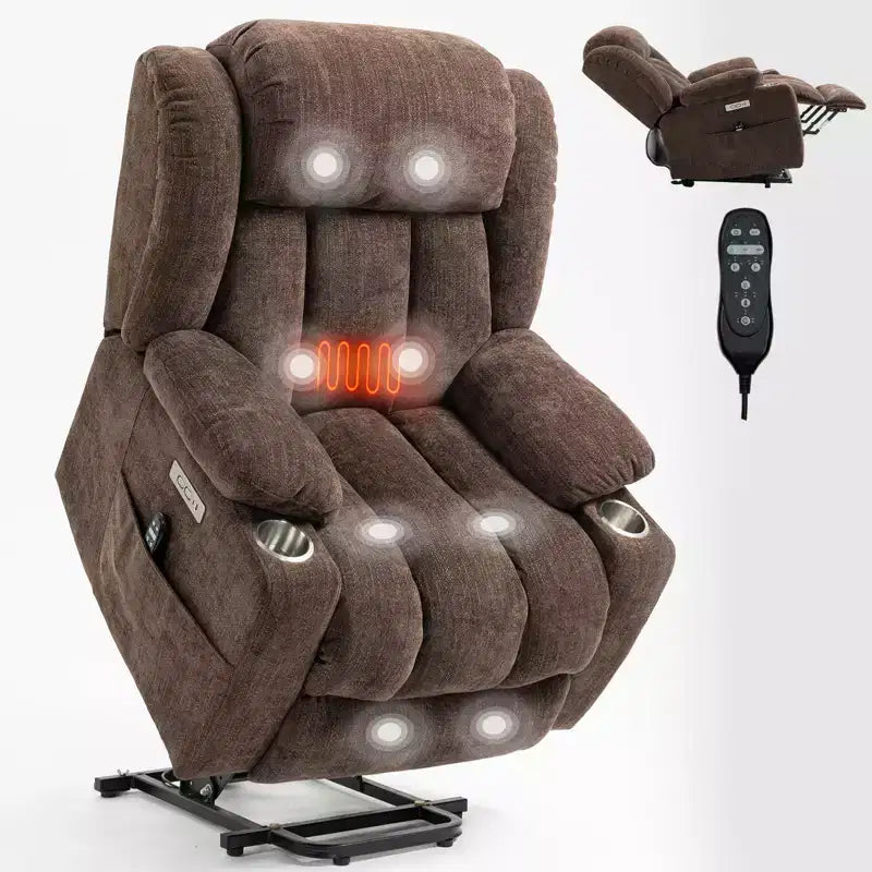 Fauteuil inclinable releveur électrique CLIHOME en chenille, mécanisme robuste avec massage vibratoire 8 points et chauffage lombaire, ports USB et Type-C
