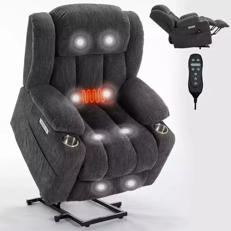 Fauteuil inclinable releveur électrique CLIHOME en chenille, mécanisme robuste avec massage vibratoire 8 points et chauffage lombaire, ports USB et Type-C