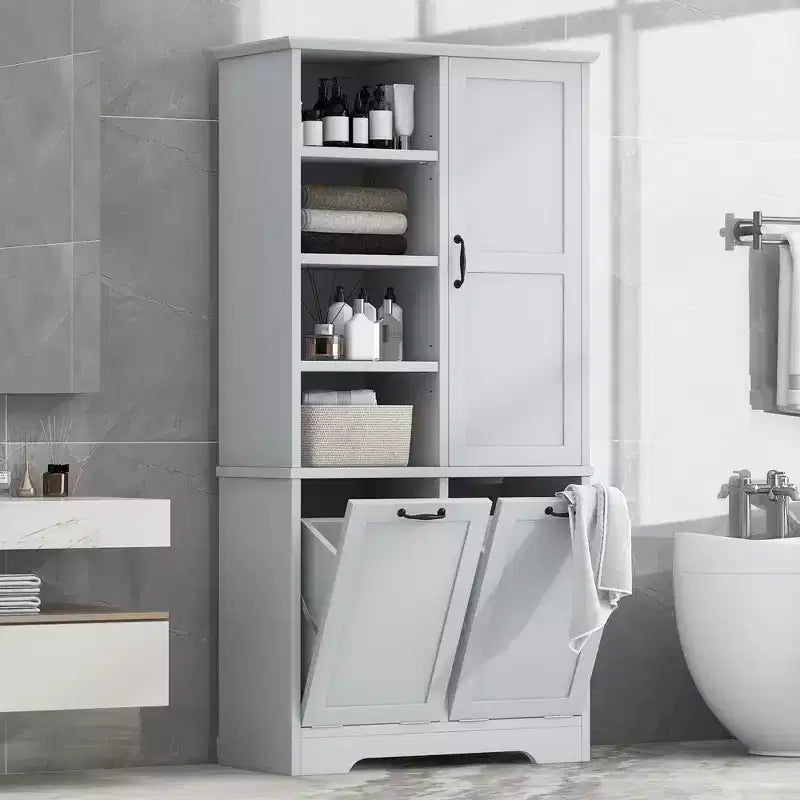 Meuble de salle de bain autoportant, panier à linge inclinable, espaces de rangement multiples, étagère ouverte, étagère réglable
