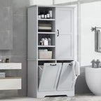 Meuble de salle de bain autoportant, panier à linge inclinable, espaces de rangement multiples, étagère ouverte, étagère réglable