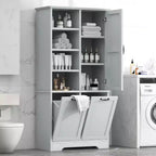 Meuble de salle de bain autoportant, panier à linge inclinable, espaces de rangement multiples, étagère ouverte, étagère réglable