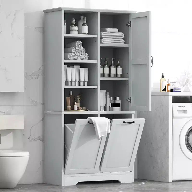 Meuble de salle de bain autoportant, panier à linge inclinable, espaces de rangement multiples, étagère ouverte, étagère réglable