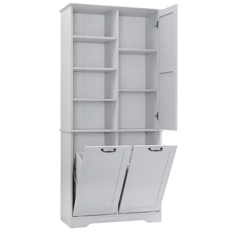 Meuble de salle de bain autoportant, panier à linge inclinable, espaces de rangement multiples, étagère ouverte, étagère réglable