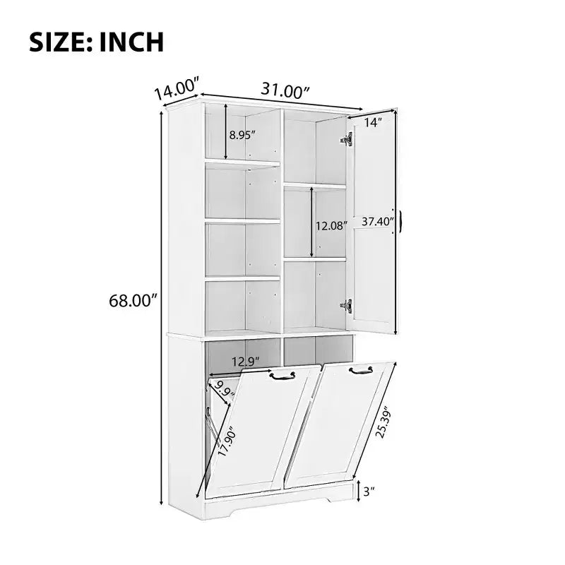 Meuble de salle de bain autoportant, panier à linge inclinable, espaces de rangement multiples, étagère ouverte, étagère réglable