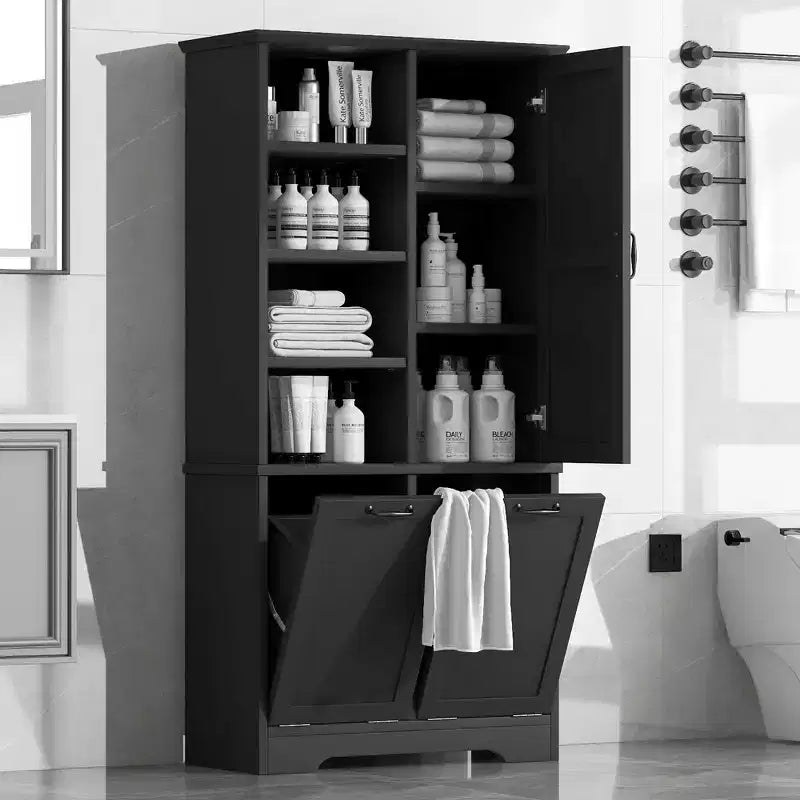 Meuble de salle de bain autoportant, panier à linge inclinable, espaces de rangement multiples, étagère ouverte, étagère réglable
