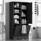 Meuble de salle de bain autoportant, panier à linge inclinable, espaces de rangement multiples, étagère ouverte, étagère réglable