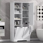 Meuble de salle de bain autoportant, panier à linge inclinable, espaces de rangement multiples, étagère ouverte, étagère réglable