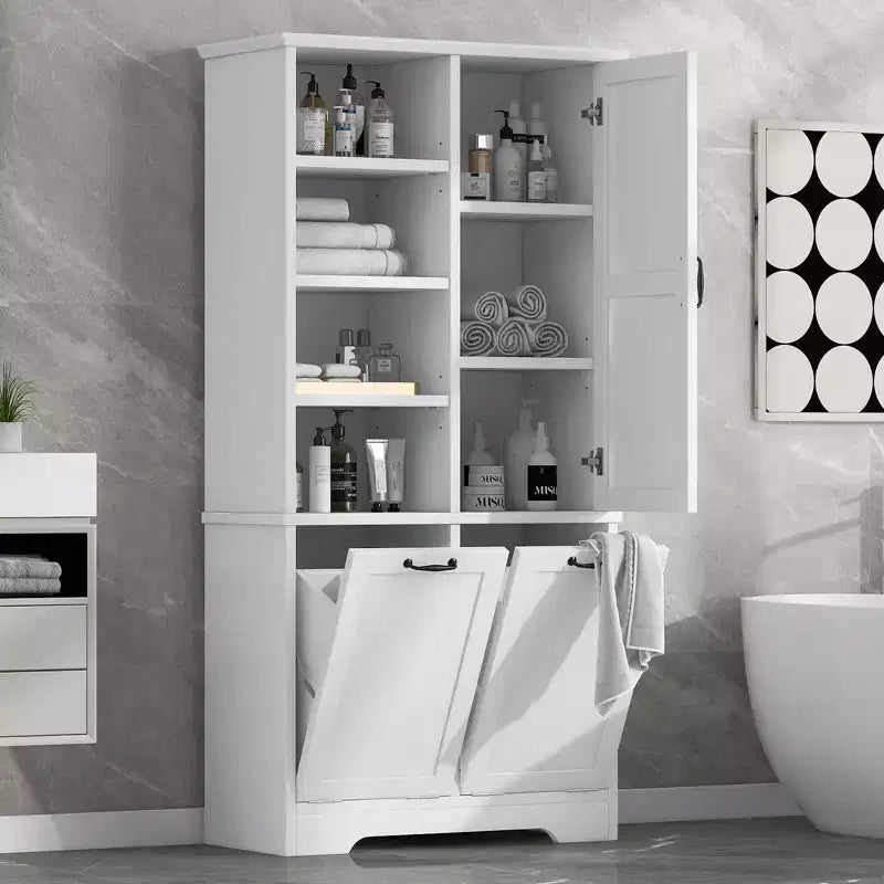 Meuble de salle de bain autoportant, panier à linge inclinable, espaces de rangement multiples, étagère ouverte, étagère réglable