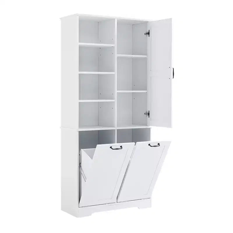 Meuble de salle de bain autoportant, panier à linge inclinable, espaces de rangement multiples, étagère ouverte, étagère réglable