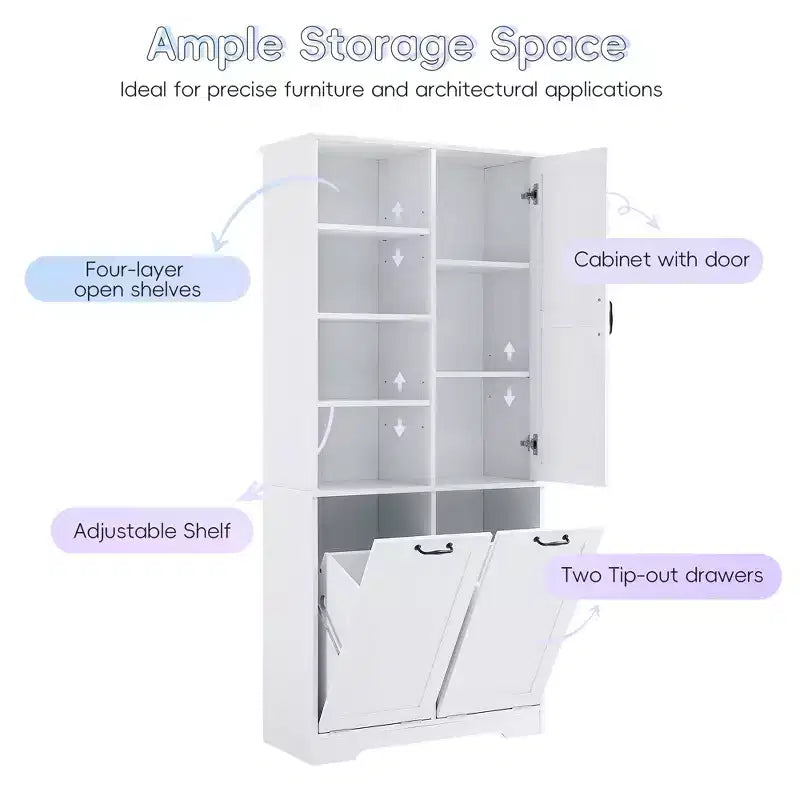 Meuble de salle de bain autoportant, panier à linge inclinable, espaces de rangement multiples, étagère ouverte, étagère réglable