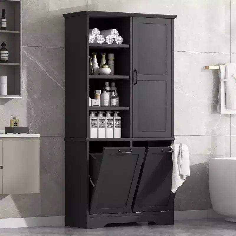 Meuble de salle de bain autoportant, panier à linge inclinable, espaces de rangement multiples, étagère ouverte, étagère réglable
