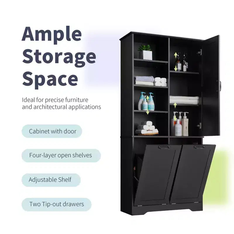 Meuble de salle de bain autoportant, panier à linge inclinable, espaces de rangement multiples, étagère ouverte, étagère réglable