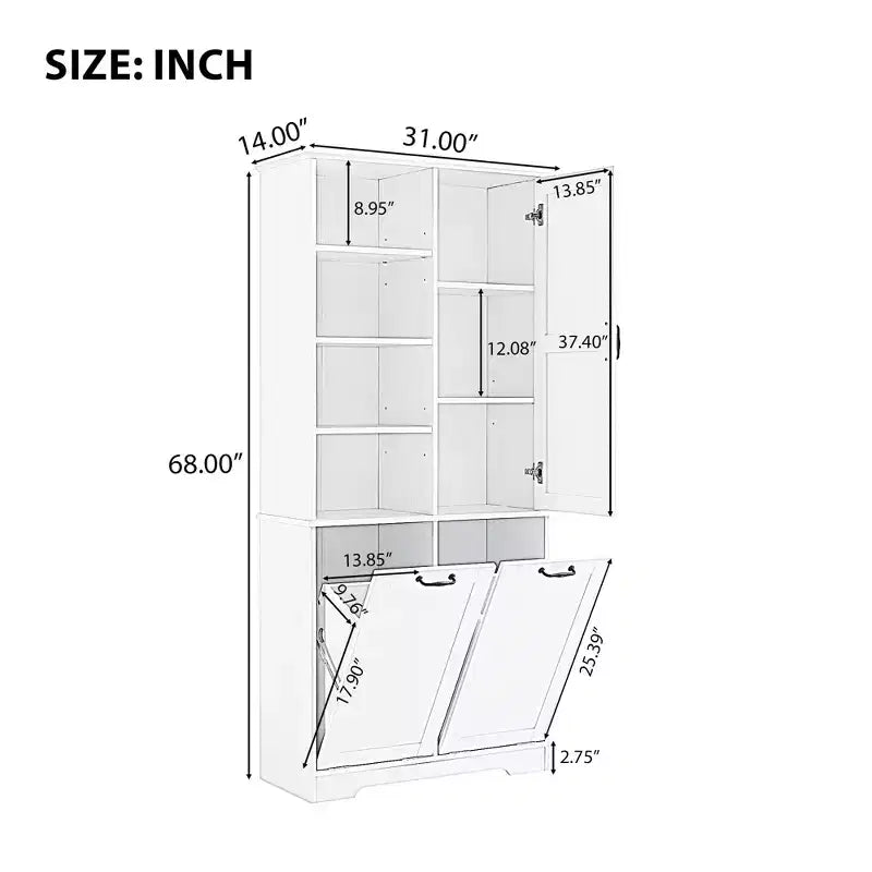 Meuble de salle de bain autoportant, panier à linge inclinable, espaces de rangement multiples, étagère ouverte, étagère réglable