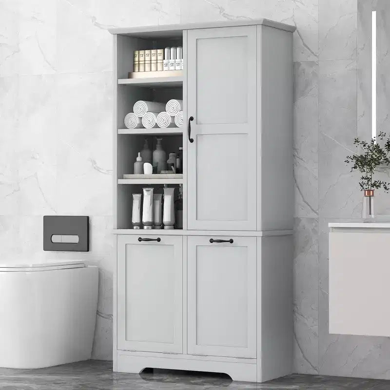Meuble de salle de bain autoportant, panier à linge inclinable, espaces de rangement multiples, étagère ouverte, étagère réglable