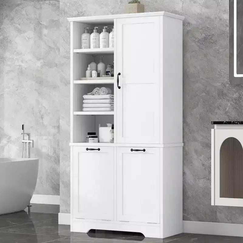 Meuble de salle de bain autoportant, panier à linge inclinable, espaces de rangement multiples, étagère ouverte, étagère réglable