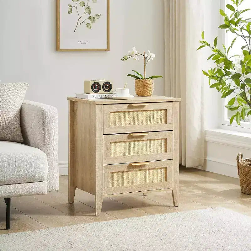 Table de chevet en rotin 21,7L x 15,7l x 25H, finition chêne avec 3 tiroirs en rotin naturel, pieds en bois massif, table de chevet bohème pour chambre et salon