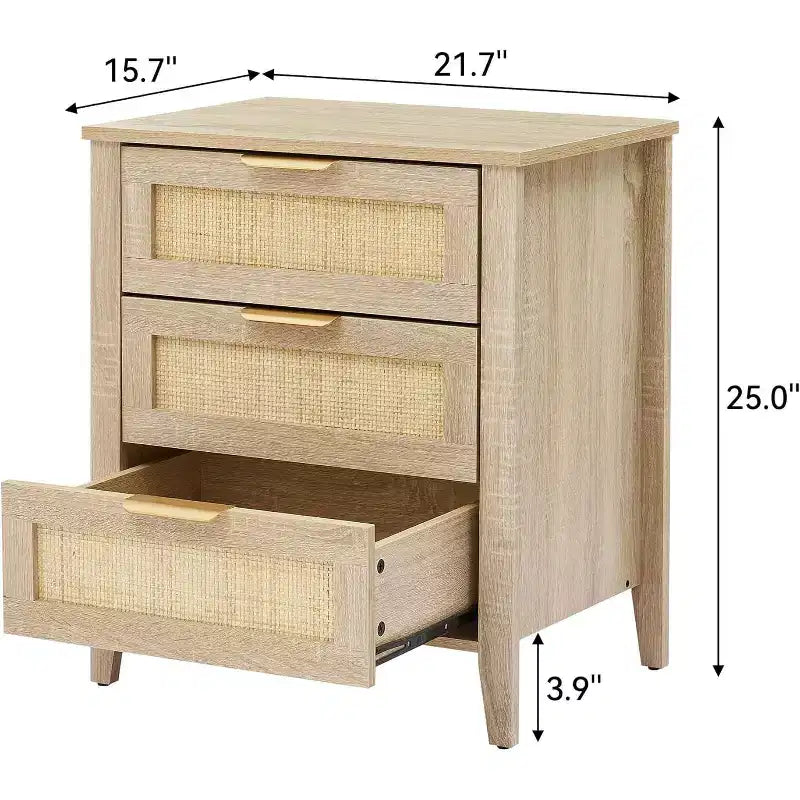 Table de chevet en rotin 21,7L x 15,7l x 25H, finition chêne avec 3 tiroirs en rotin naturel, pieds en bois massif, table de chevet bohème pour chambre et salon