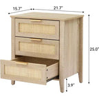 Table de chevet en rotin 21,7L x 15,7l x 25H, finition chêne avec 3 tiroirs en rotin naturel, pieds en bois massif, table de chevet bohème pour chambre et salon
