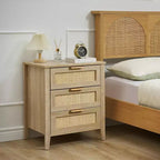 Table de chevet en rotin 21,7L x 15,7l x 25H, finition chêne avec 3 tiroirs en rotin naturel, pieds en bois massif, table de chevet bohème pour chambre et salon