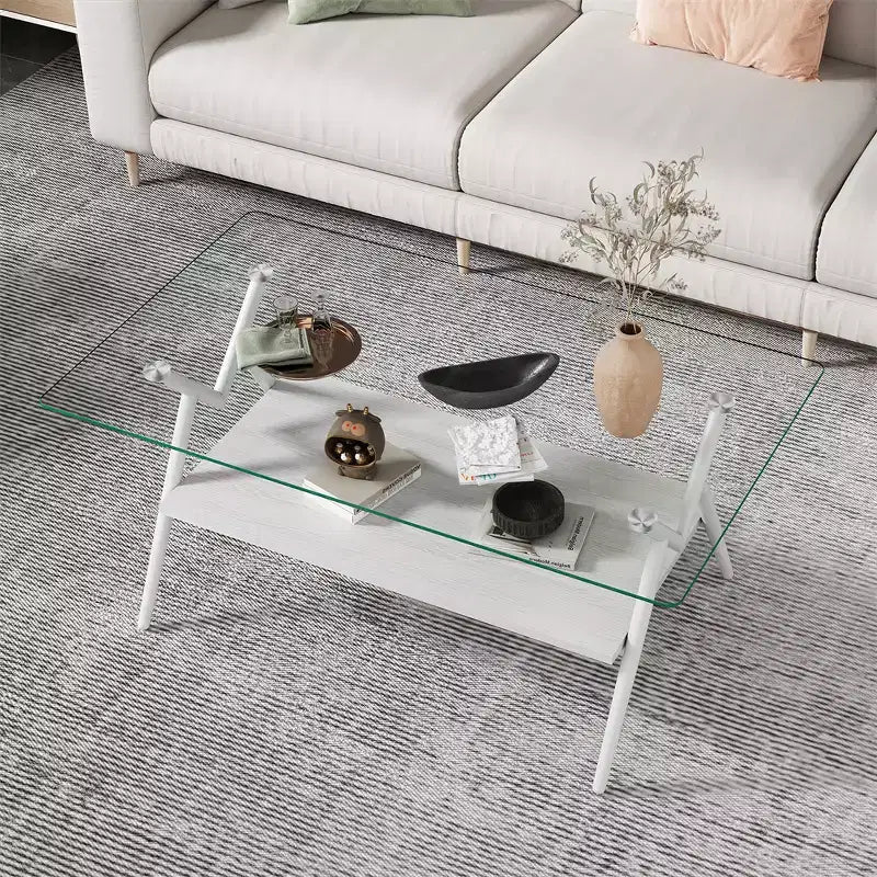 Table basse en verre, table d'appoint centrale moderne rectangulaire avec plateau en verre trempé et pieds en métal, montage facile, pour salon et bureau à domicile