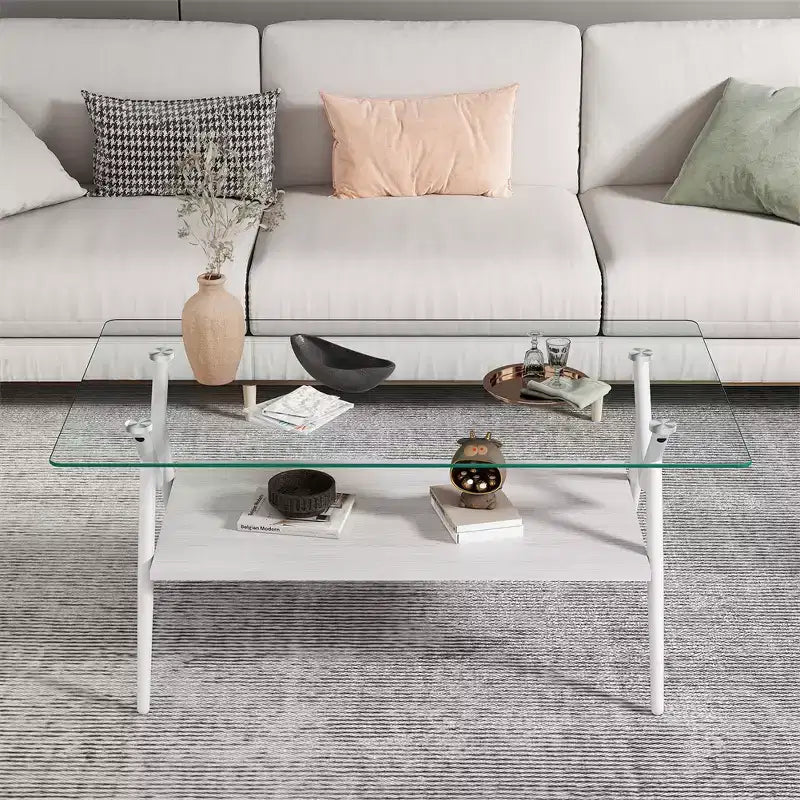 Table basse en verre, table d'appoint centrale moderne rectangulaire avec plateau en verre trempé et pieds en métal, montage facile, pour salon et bureau à domicile