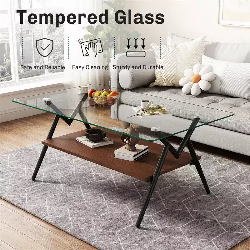 Table basse en verre, table d'appoint centrale moderne rectangulaire avec plateau en verre trempé et pieds en métal, montage facile, pour salon et bureau à domicile