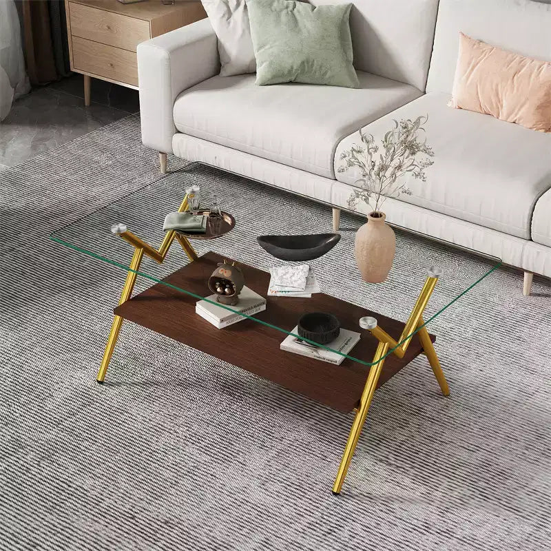 Table basse en verre, table d'appoint centrale moderne rectangulaire avec plateau en verre trempé et pieds en métal, montage facile, pour salon et bureau à domicile