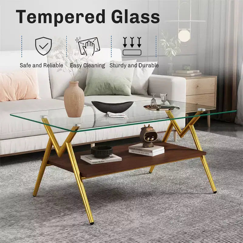 Table basse en verre, table d'appoint centrale moderne rectangulaire avec plateau en verre trempé et pieds en métal, montage facile, pour salon et bureau à domicile
