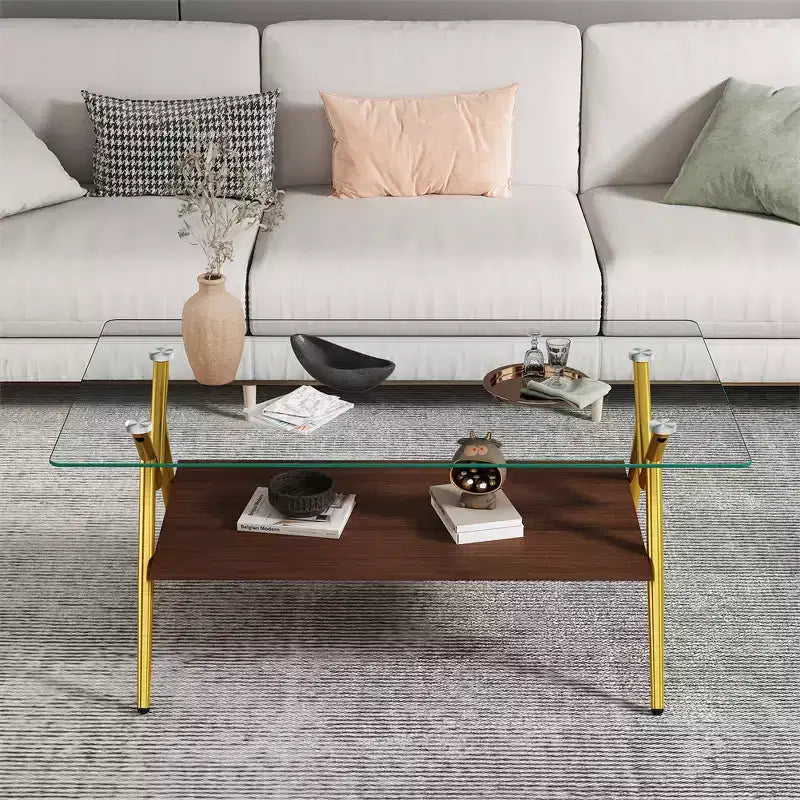 Table basse en verre, table d'appoint centrale moderne rectangulaire avec plateau en verre trempé et pieds en métal, montage facile, pour salon et bureau à domicile