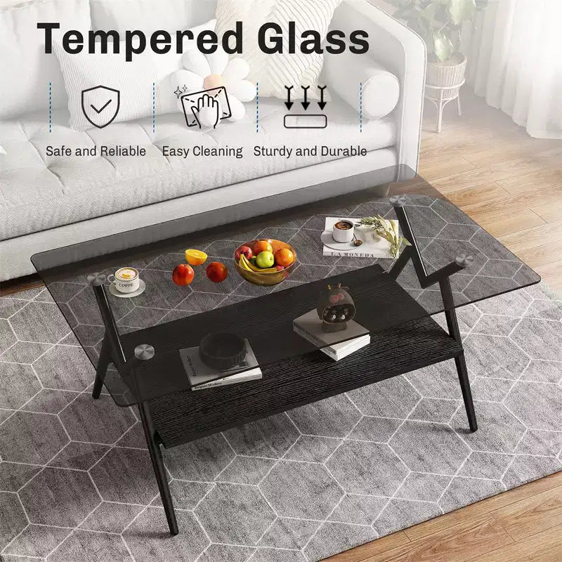 Table basse en verre, table d'appoint centrale moderne rectangulaire avec plateau en verre trempé et pieds en métal, montage facile, pour salon et bureau à domicile