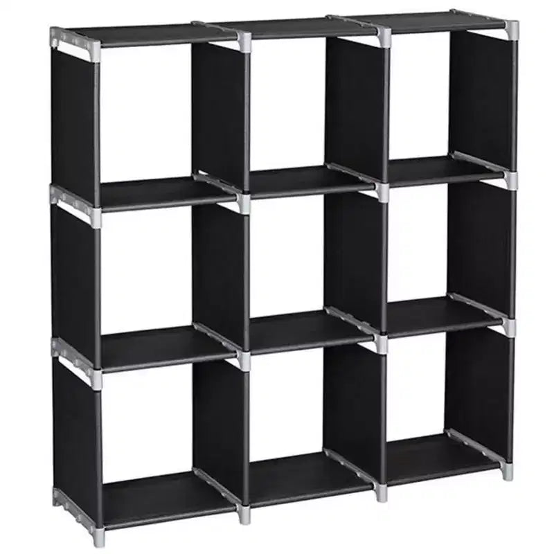 Closet Organizer Shelf 3-Tier 9-Cube Steel Storage Rack, DIY Staircase Organizer for Bathroom, Kitchen, Office (Black)