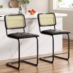 PexFix 2Pcs Counter Height Bar Stools Upholstered PU Leather Barstools with Rattan Back 24 inch Stools Armless Bar Chairs for Kitchen Island Black