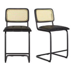 PexFix Lot de 2 tabourets de bar à hauteur de comptoir, en cuir PU rembourré, avec dossier en rotin, hauteur 61 cm, sans accoudoirs, pour îlot de cuisine, Noir