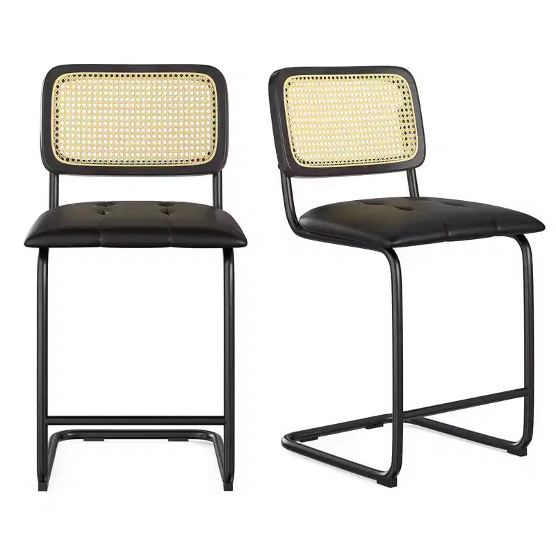 PexFix Lot de 2 tabourets de bar à hauteur de comptoir, en cuir PU rembourré, avec dossier en rotin, hauteur 61 cm, sans accoudoirs, pour îlot de cuisine, Noir
