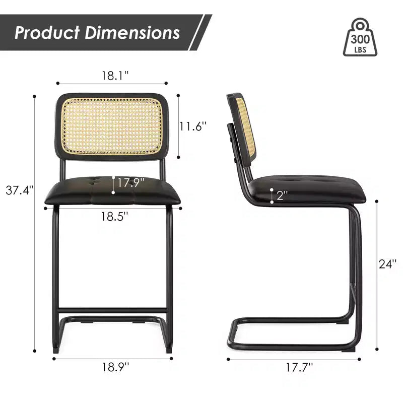 PexFix Lot de 2 tabourets de bar à hauteur de comptoir, en cuir PU rembourré, avec dossier en rotin, hauteur 61 cm, sans accoudoirs, pour îlot de cuisine, Noir