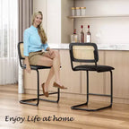 PexFix Lot de 2 tabourets de bar à hauteur de comptoir, en cuir PU rembourré, avec dossier en rotin, hauteur 61 cm, sans accoudoirs, pour îlot de cuisine, Noir