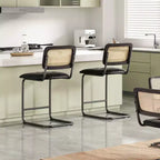 PexFix Lot de 2 tabourets de bar à hauteur de comptoir, en cuir PU rembourré, avec dossier en rotin, hauteur 61 cm, sans accoudoirs, pour îlot de cuisine, Noir