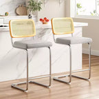 PexFix Lot de 2 tabourets de bar hauteur comptoir, tabourets de bar en velours rembourrés avec dossier en rotin, tabourets de 66 cm de hauteur, chaises de bar sans accoudoirs pour îlot de cuisine, gris