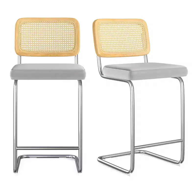 PexFix Lot de 2 tabourets de bar hauteur comptoir, tabourets de bar en velours rembourrés avec dossier en rotin, tabourets de 66 cm de hauteur, chaises de bar sans accoudoirs pour îlot de cuisine, gris