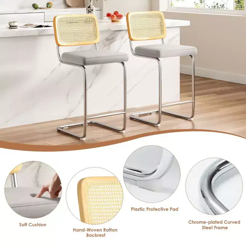 PexFix Lot de 2 tabourets de bar hauteur comptoir, tabourets de bar en velours rembourrés avec dossier en rotin, tabourets de 66 cm de hauteur, chaises de bar sans accoudoirs pour îlot de cuisine, gris