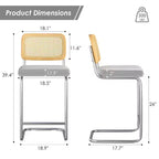 PexFix Lot de 2 tabourets de bar hauteur comptoir, tabourets de bar en velours rembourrés avec dossier en rotin, tabourets de 66 cm de hauteur, chaises de bar sans accoudoirs pour îlot de cuisine, gris