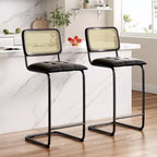PexFix Lot de 2 tabourets de bar hauteur comptoir en cuir PU rembourré avec dossier en rotin, tabourets de 76 cm sans accoudoirs pour îlot de cuisine Noir