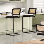 PexFix Lot de 2 tabourets de bar hauteur comptoir en cuir PU rembourré avec dossier en rotin, tabourets de 76 cm sans accoudoirs pour îlot de cuisine Noir
