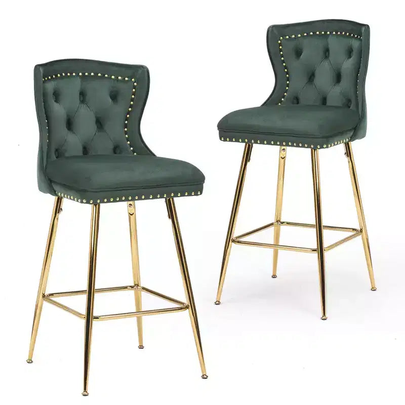 PexFix 2Pcs Bar Stools Velvet Counter Height Bar Stools with Metal Legs Button Tufted and Nailheads Trim Wing-Back Bar Chairs Green